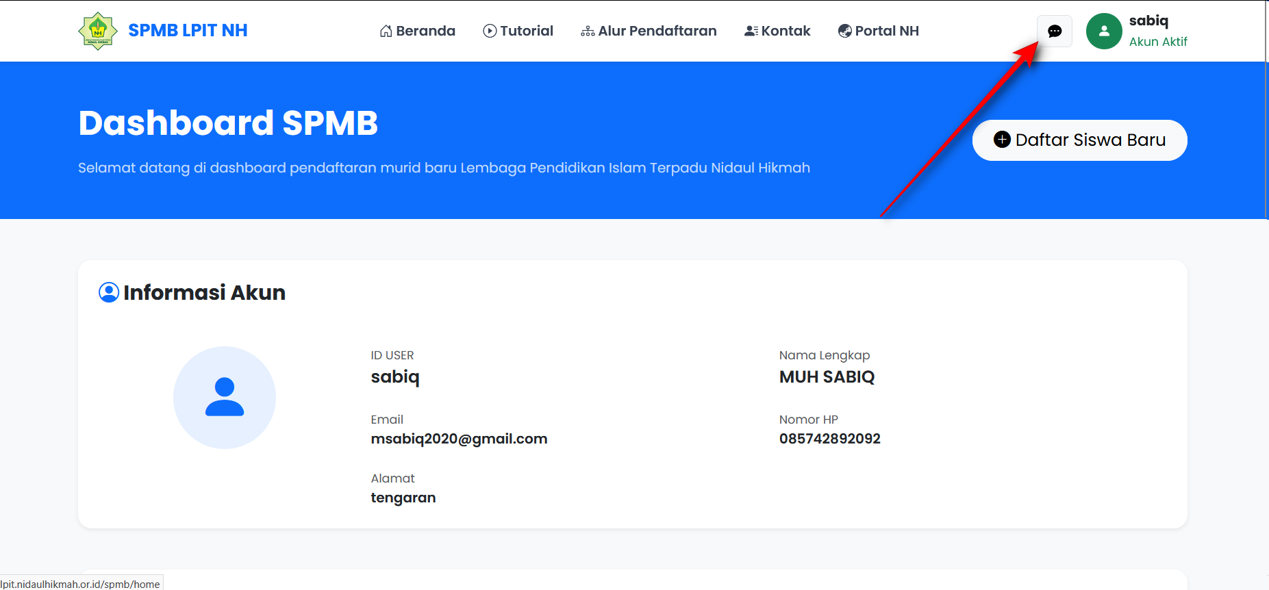Klik icon pesan